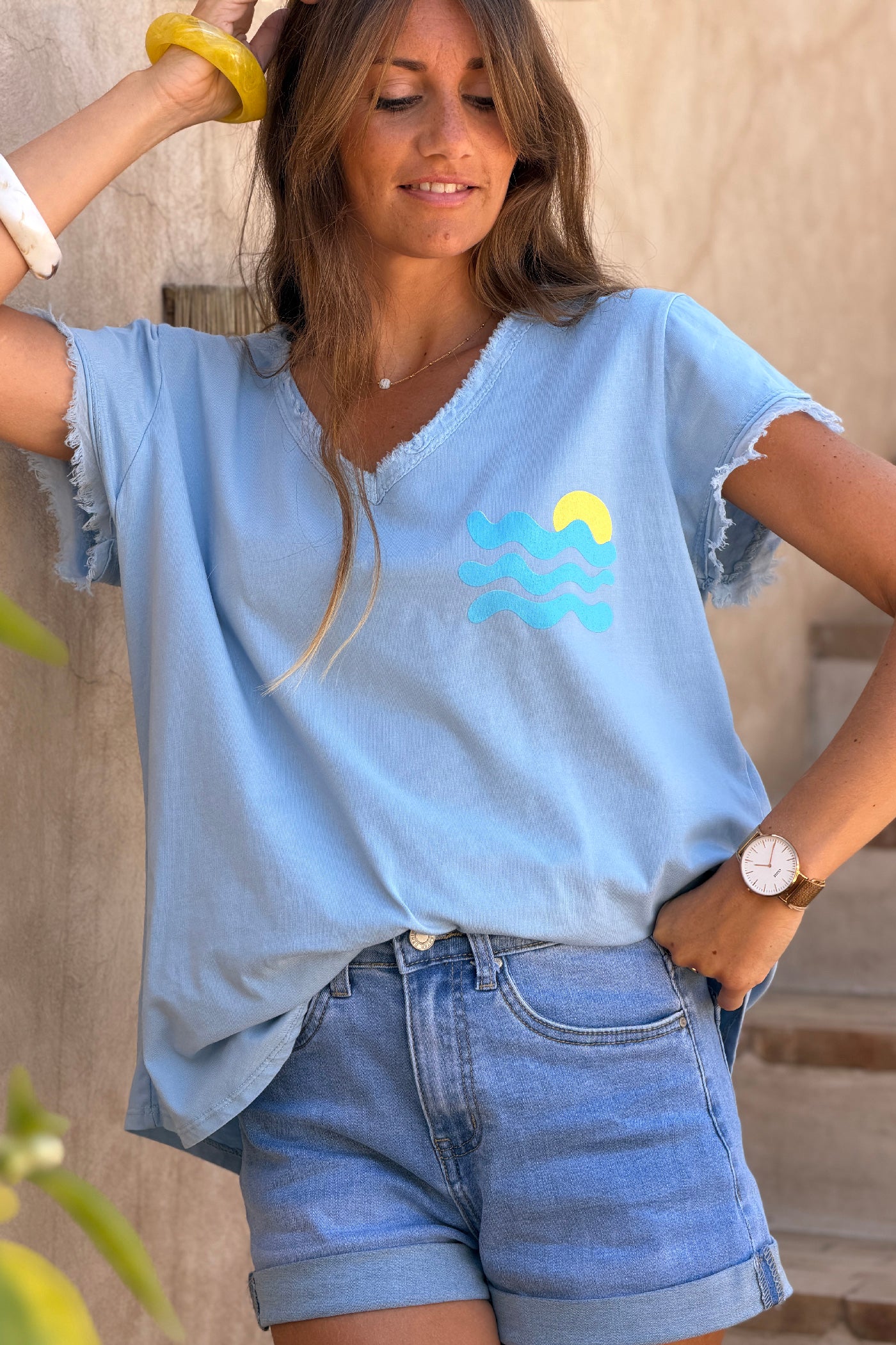 Tshirt bleu stretch et large vague et Cote d'Azur détail franges