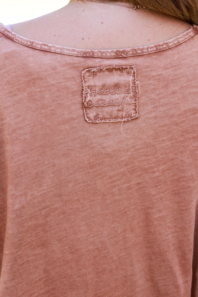 Faded camel long sleeve top with embroidered back patch