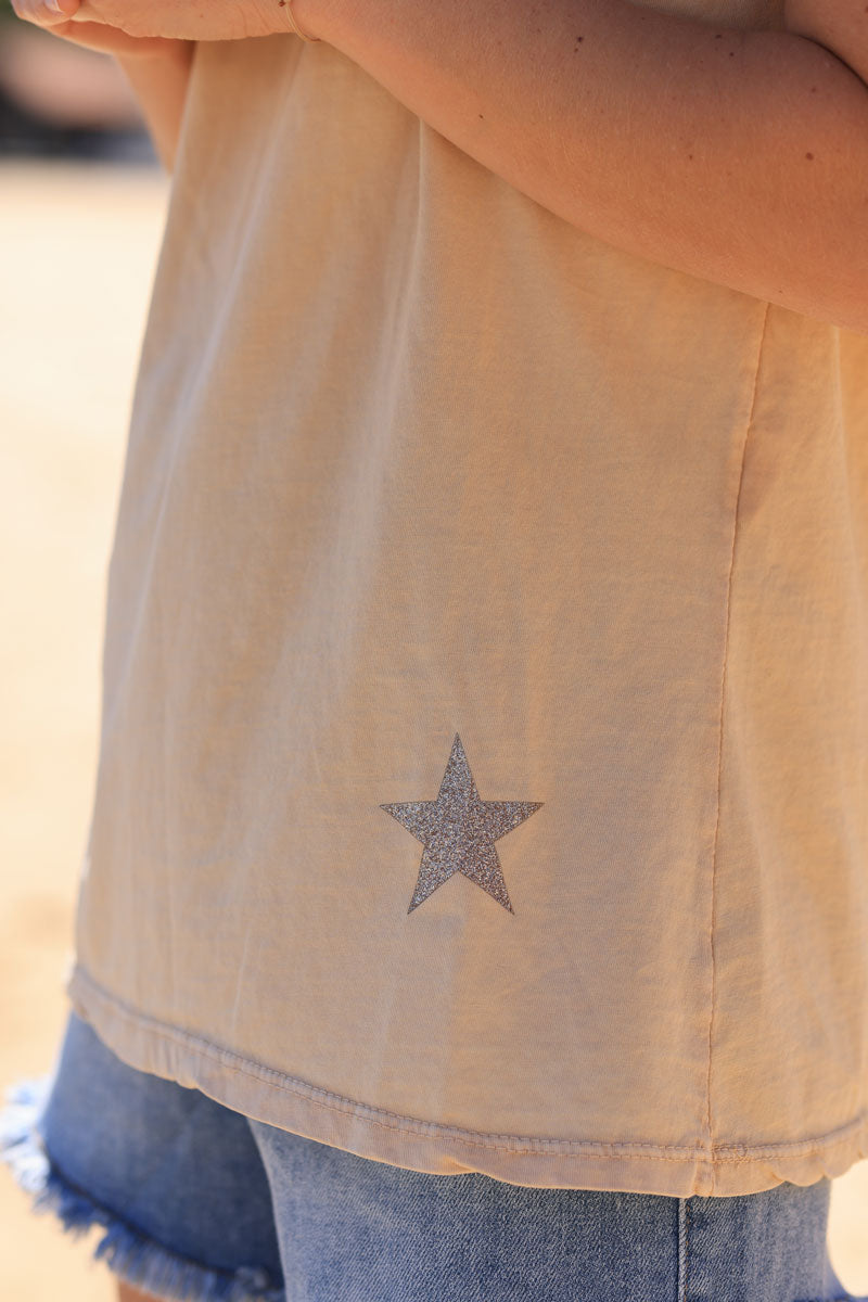 Camel cotton t-shirt with glitter star detail
