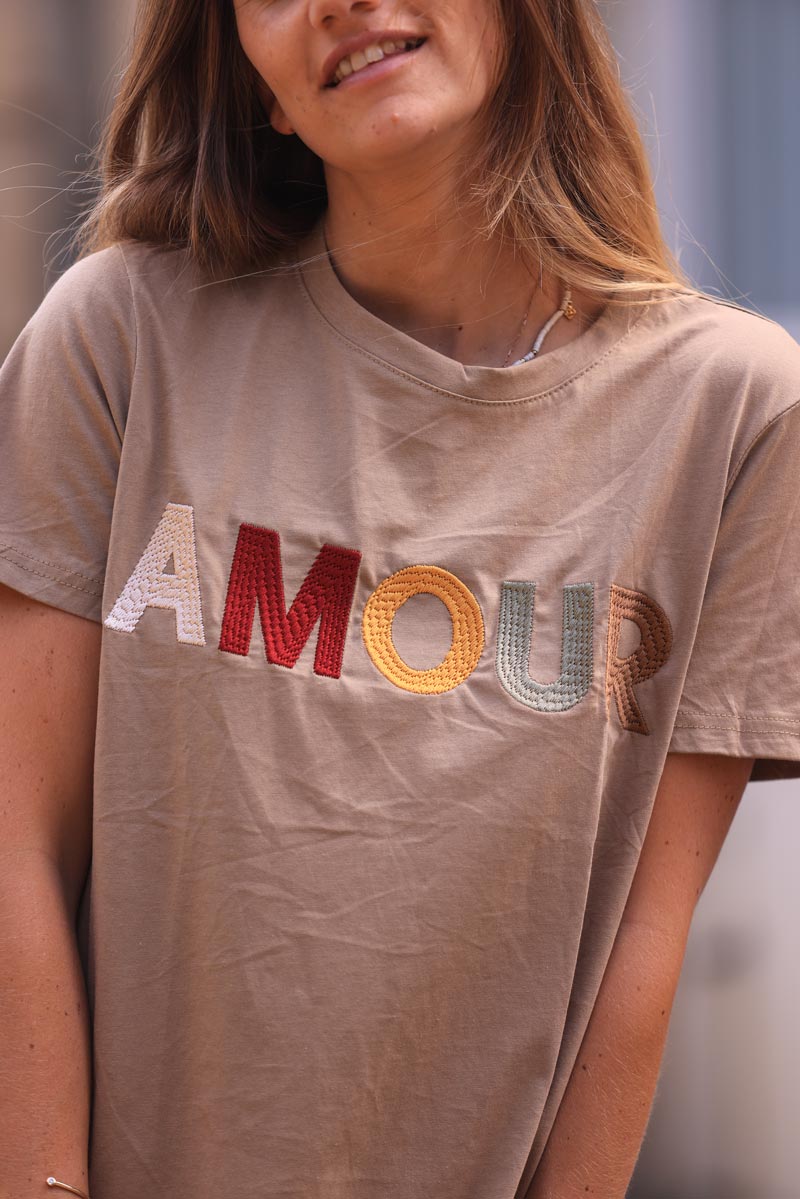 Camel cotton t-shirt with colorful 'amour' embroidery