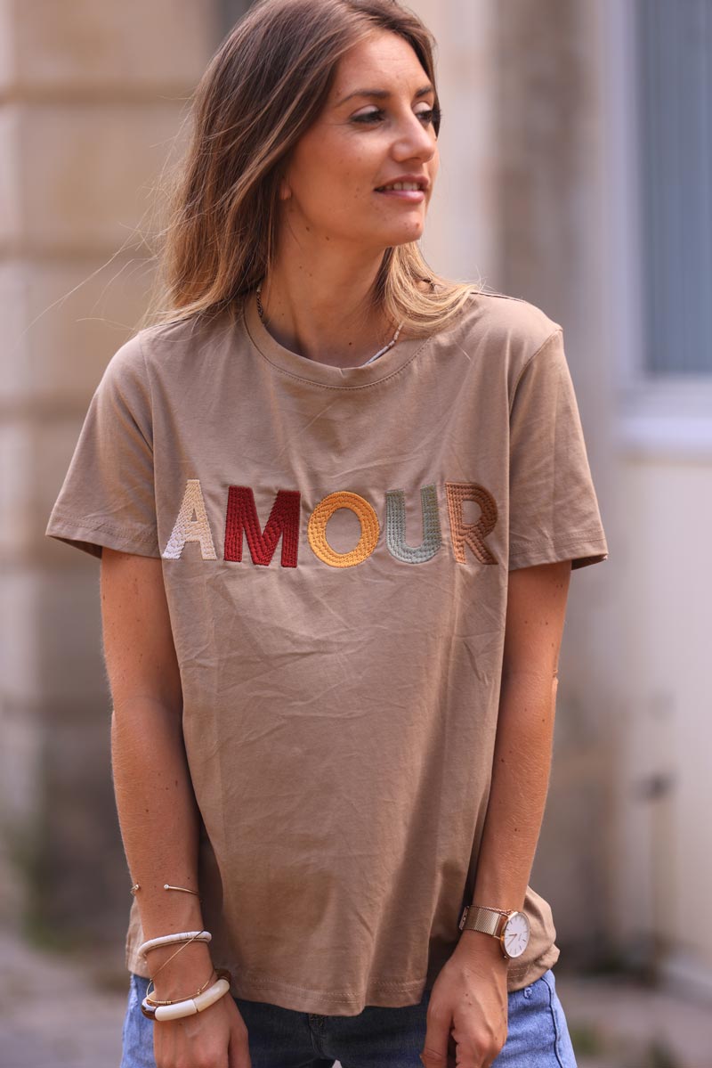 Camel cotton t-shirt with colorful 'amour' embroidery