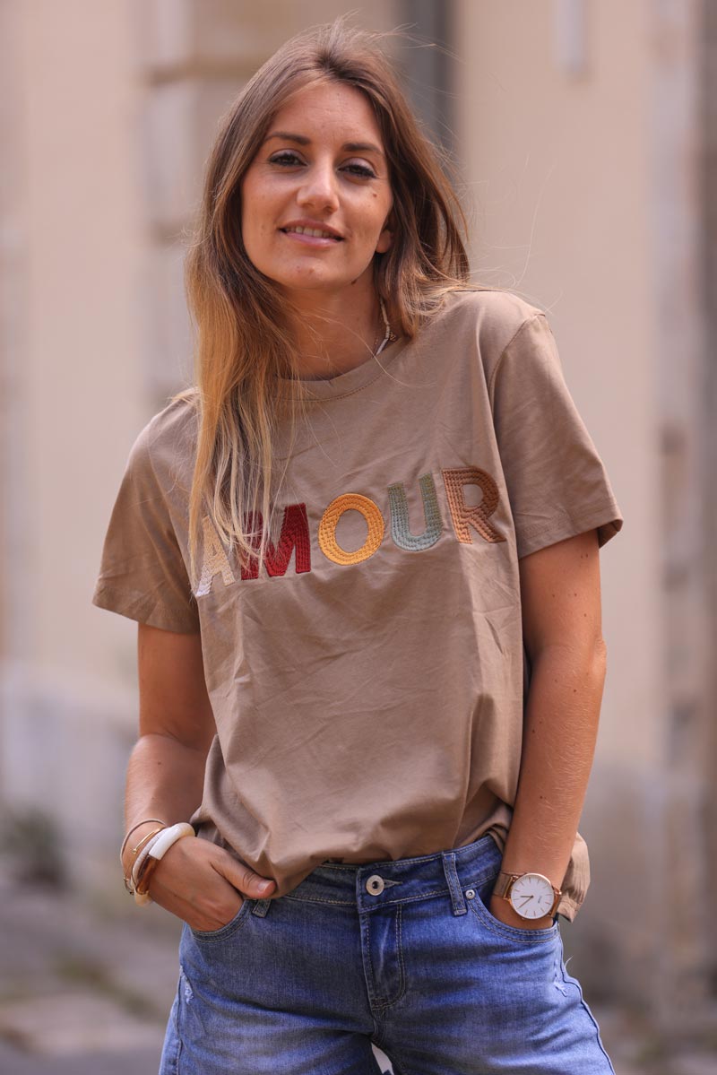 Camel cotton t-shirt with colorful 'amour' embroidery