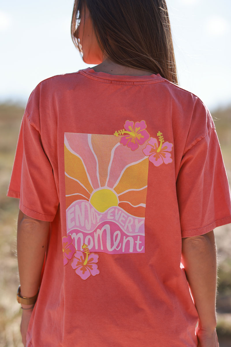 Coral “Enjoy Every Moment” Hibiscus Tee