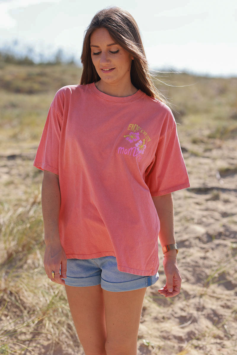 Coral “Enjoy Every Moment” Hibiscus Tee