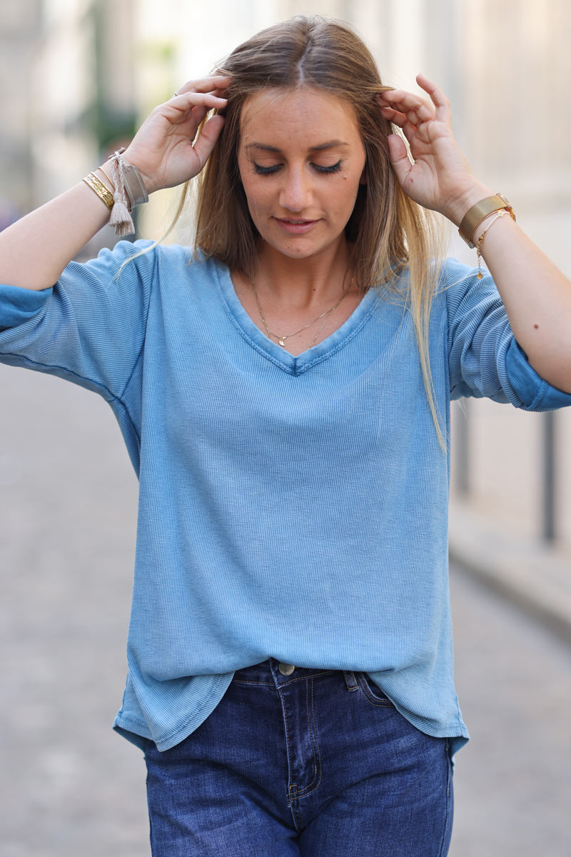 Tshirt cotele bleu stretch a manches longues ILY to the moon and back H246 (1)