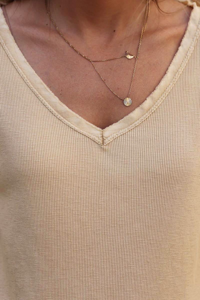 T-shirt côtelé camel stretch a manches longues ILY to the moon and back