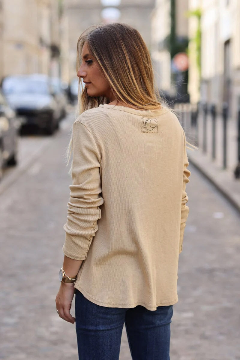 Camel ribbed long sleeve t-shirt 'ILY to the moon and back'