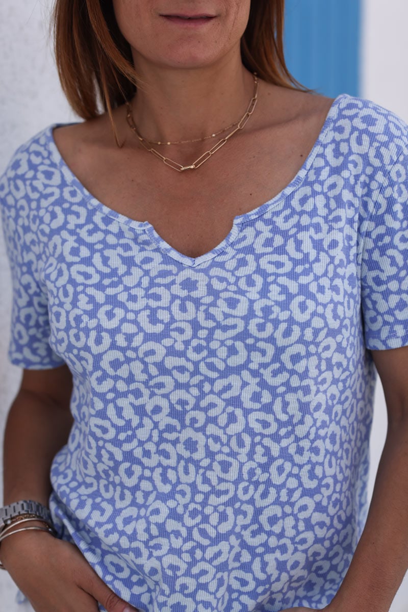 Tshirt cotele col ouvert v motifs leopard lilas h190 (1)