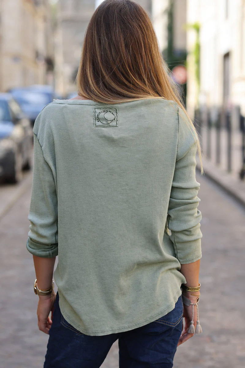 T-shirt côtelé kaki stretch a manches longues ILY to the moon and back