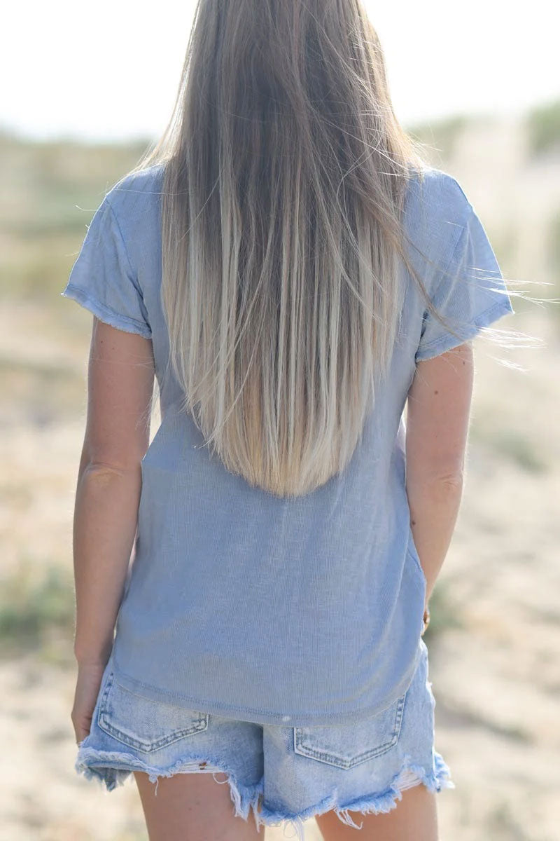 Tshirt coton stretch bleu jean finitions petites franges