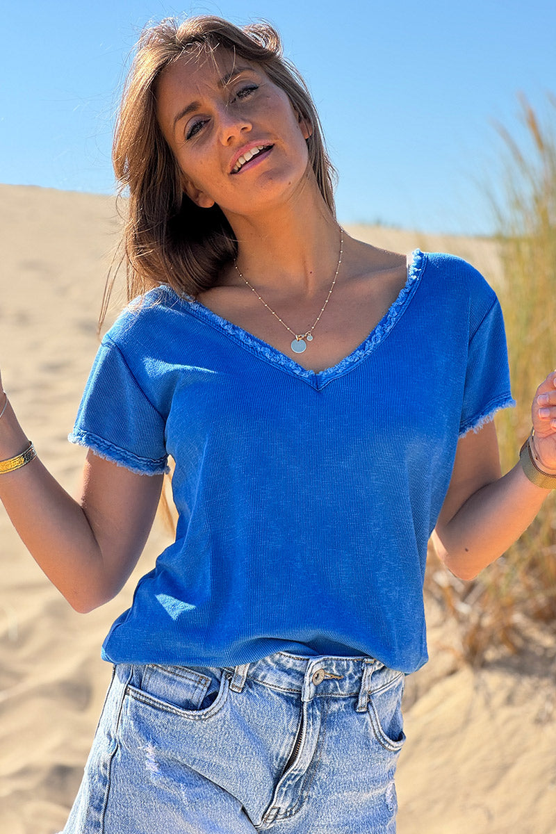 Royal Blue Stretch Cotton Tee with Raw Hems