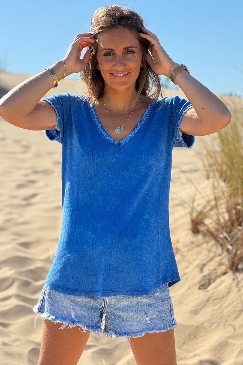 Royal Blue Stretch Cotton Tee with Raw Hems