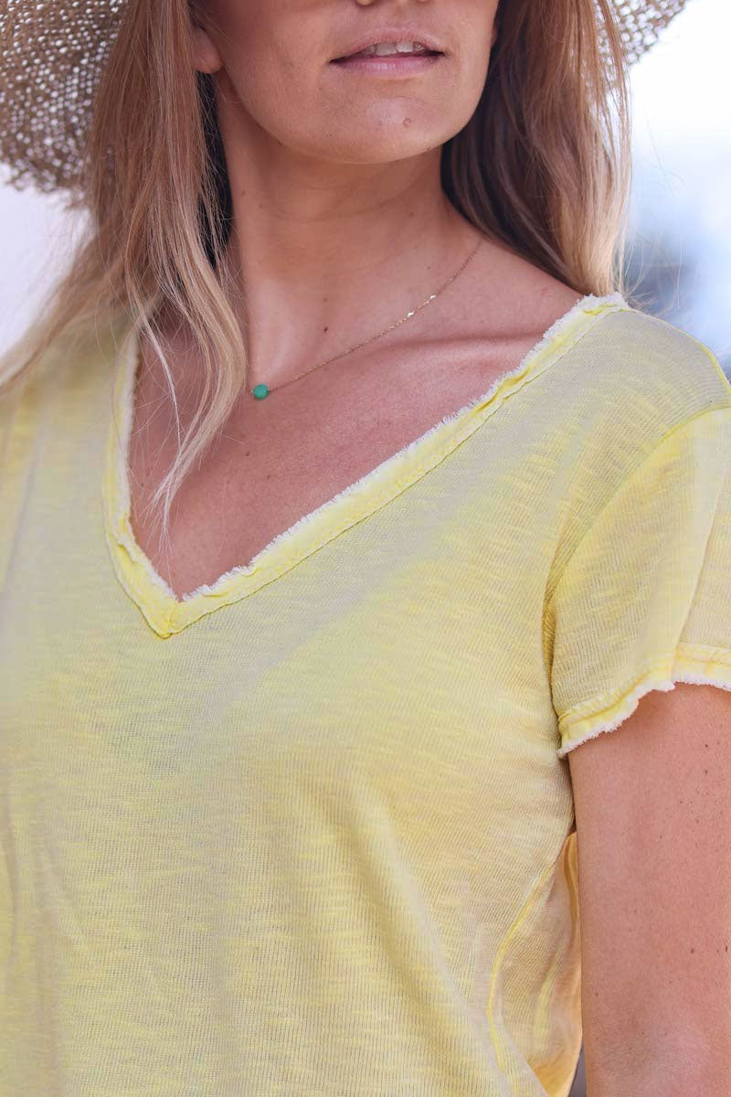 Tshirt coton stretch jaune finitions petites franges