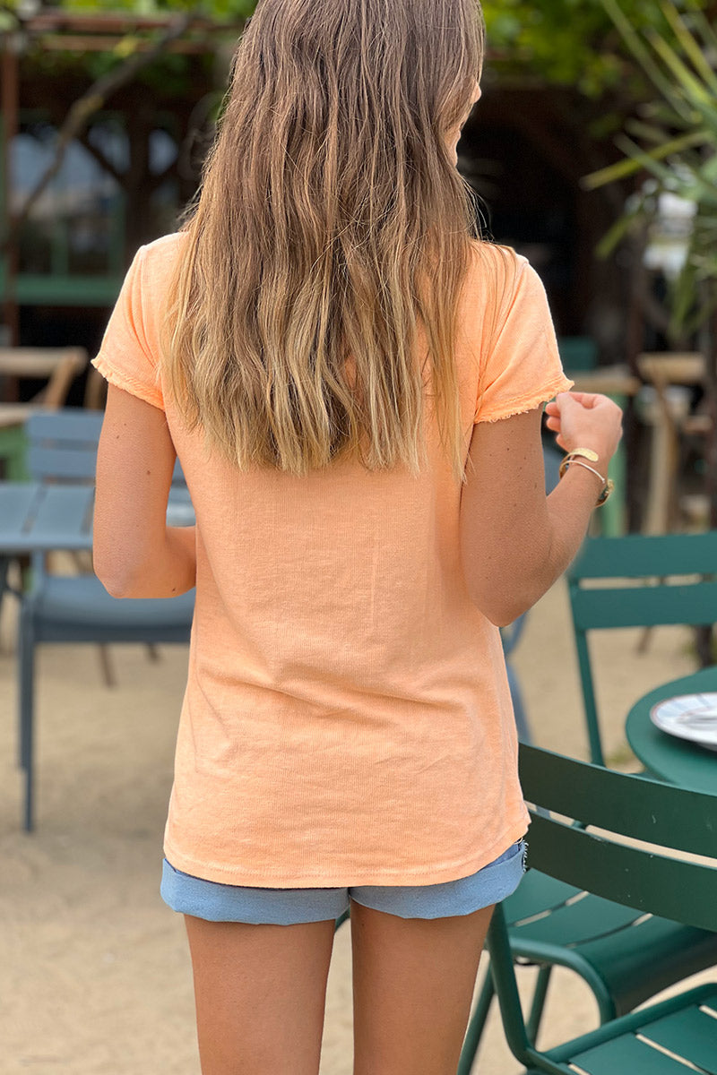 T-shirt coton stretch orange fluo délavé finitions petites franges