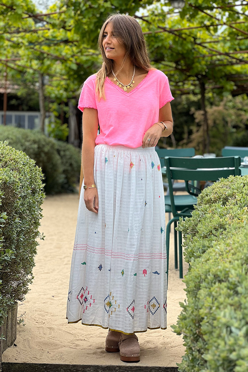 T-shirt coton stretch rose fluo délavé finitions petites franges