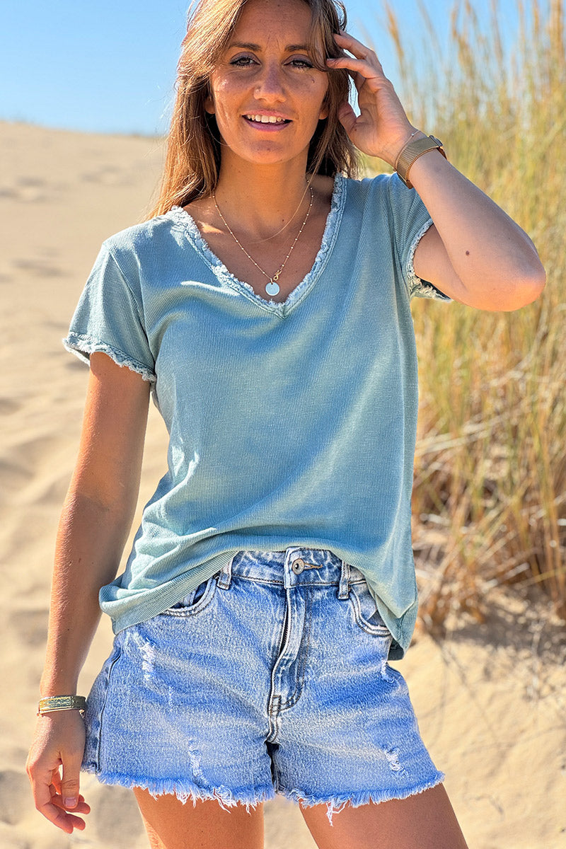 Sage Stretch Cotton Tee with Raw Hems