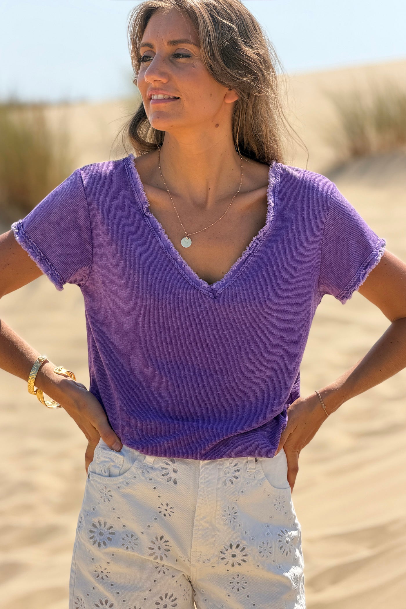 Tshirt coton stretch violet délavé finitions petites franges