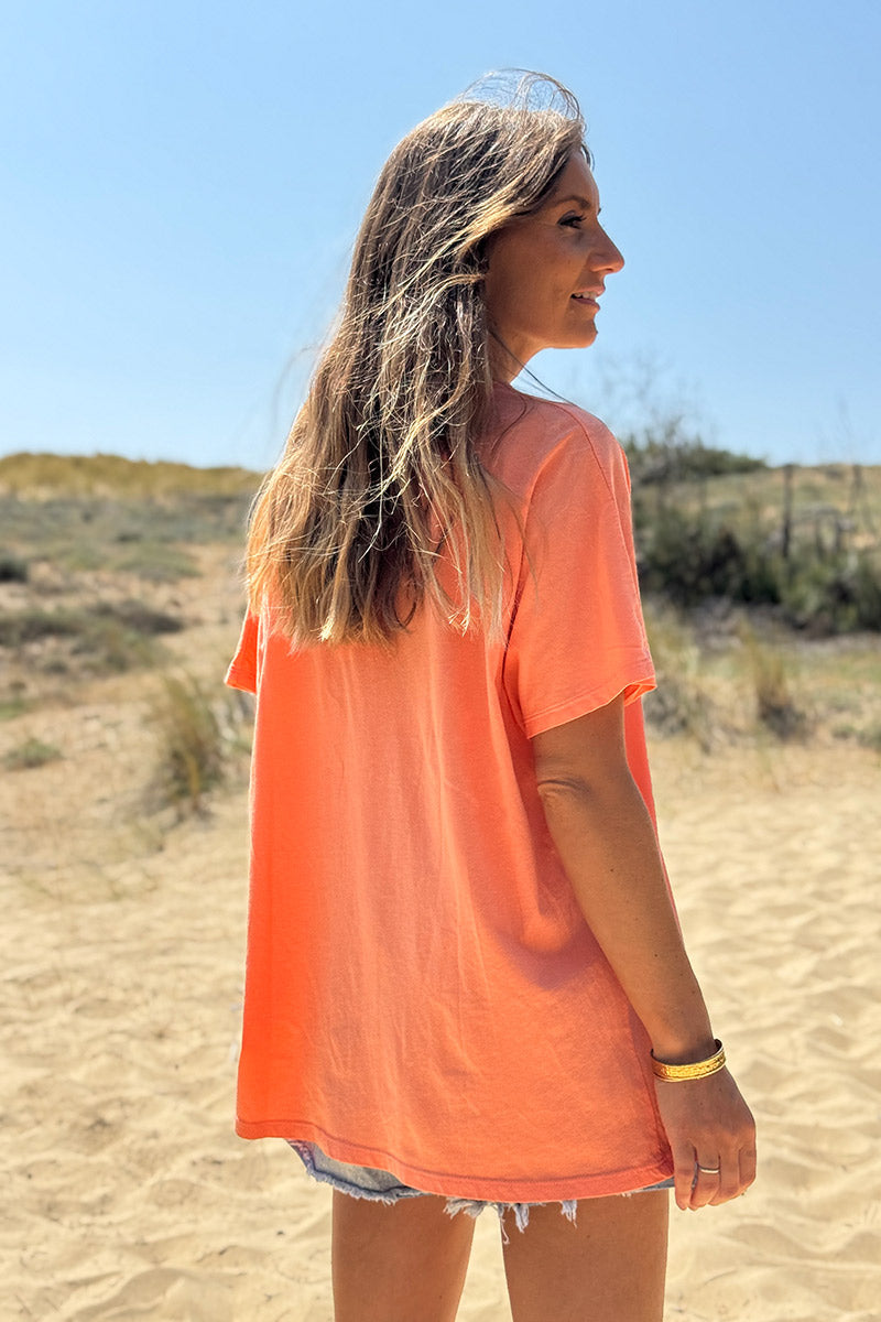 Tshirt coupe loose orange en coton imprimé 4 filles fashion col v