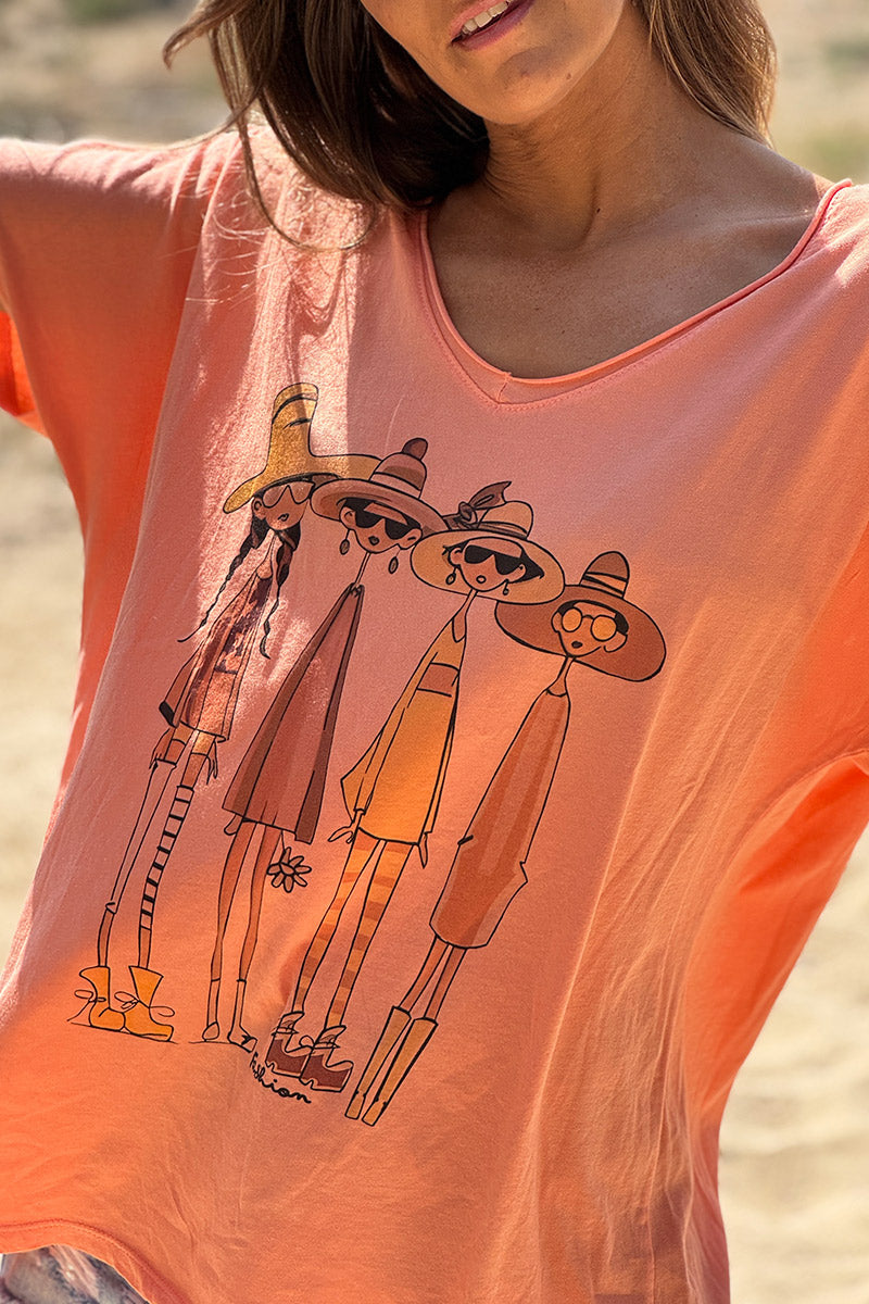 Tshirt coupe loose orange en coton imprimé 4 filles fashion col v