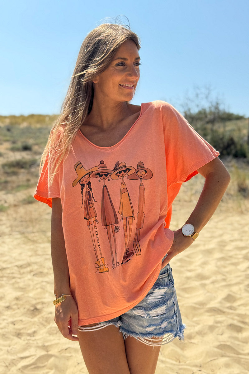 Tshirt coupe loose orange en coton imprimé 4 filles fashion col v