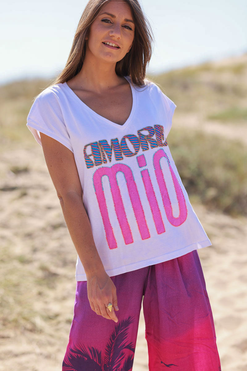 White “Amore Mio” Slouchy V-Neck Tee