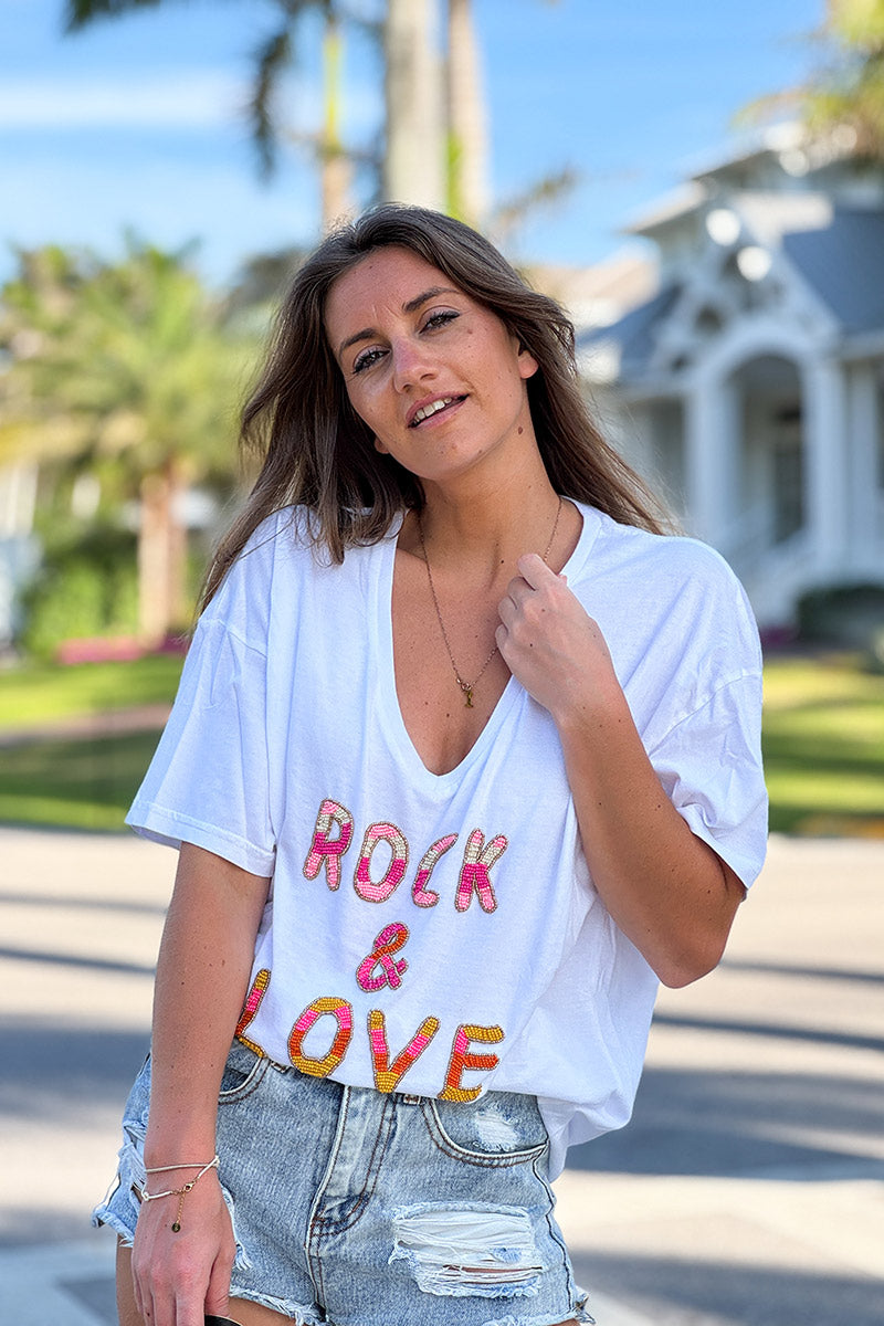 White Rock & Love Beaded Cotton V-Neck Tee
