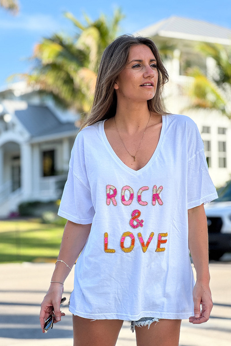 White Rock & Love Beaded Cotton V-Neck Tee
