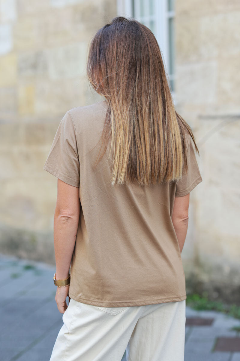 T-shirt en coton camel broderie cœur léopard