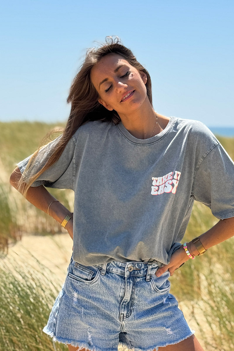 Tshirt en coton gris délavé Take it easy marguerite