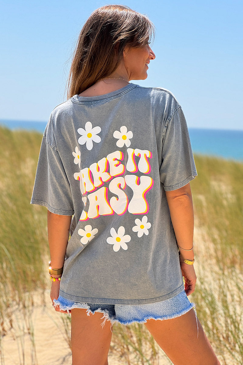 Tshirt en coton gris délavé Take it easy marguerite