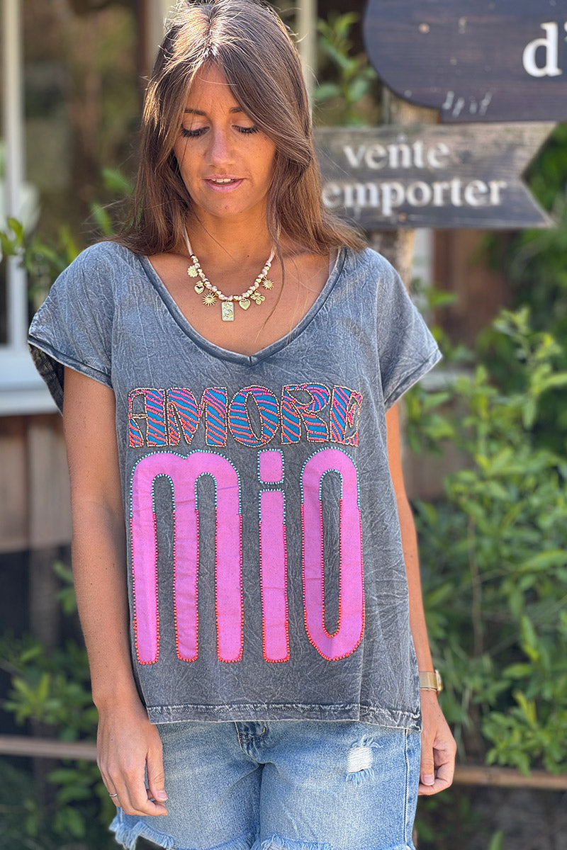 Washed Gray “Amore Mio” Slouchy V-Neck Tee