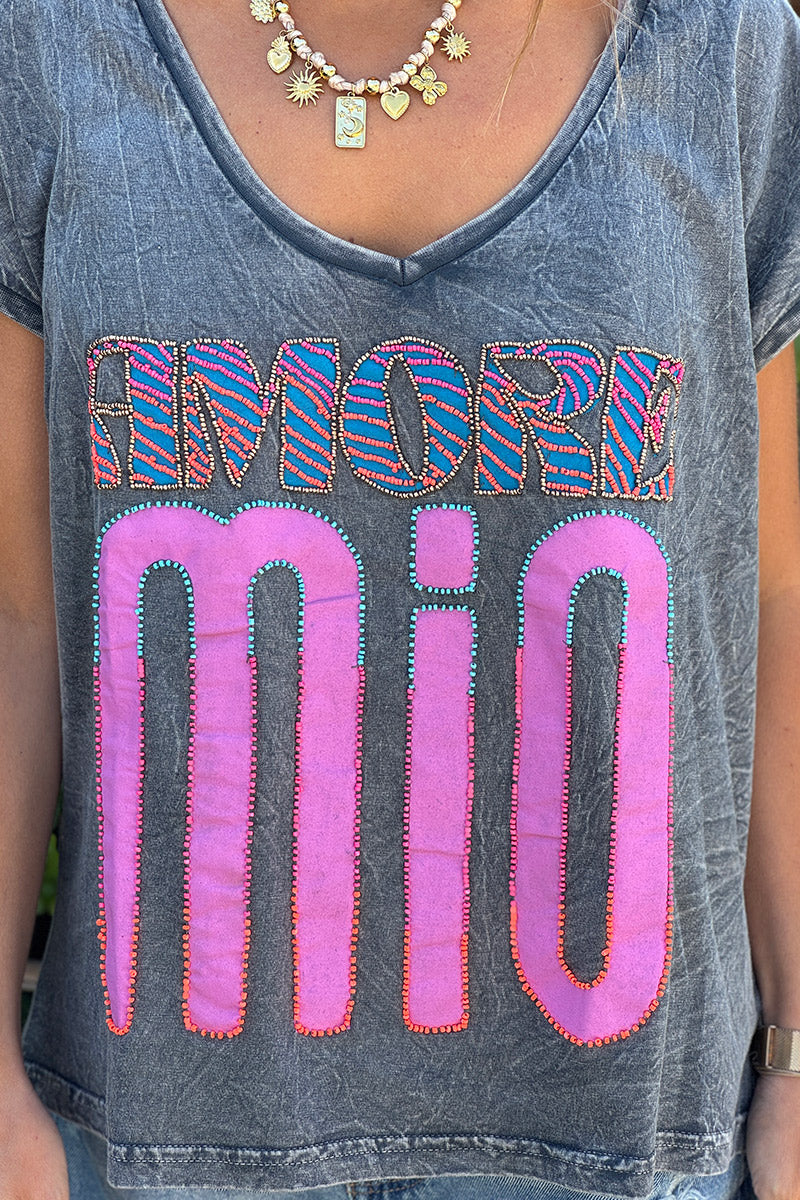 Washed Gray “Amore Mio” Slouchy V-Neck Tee