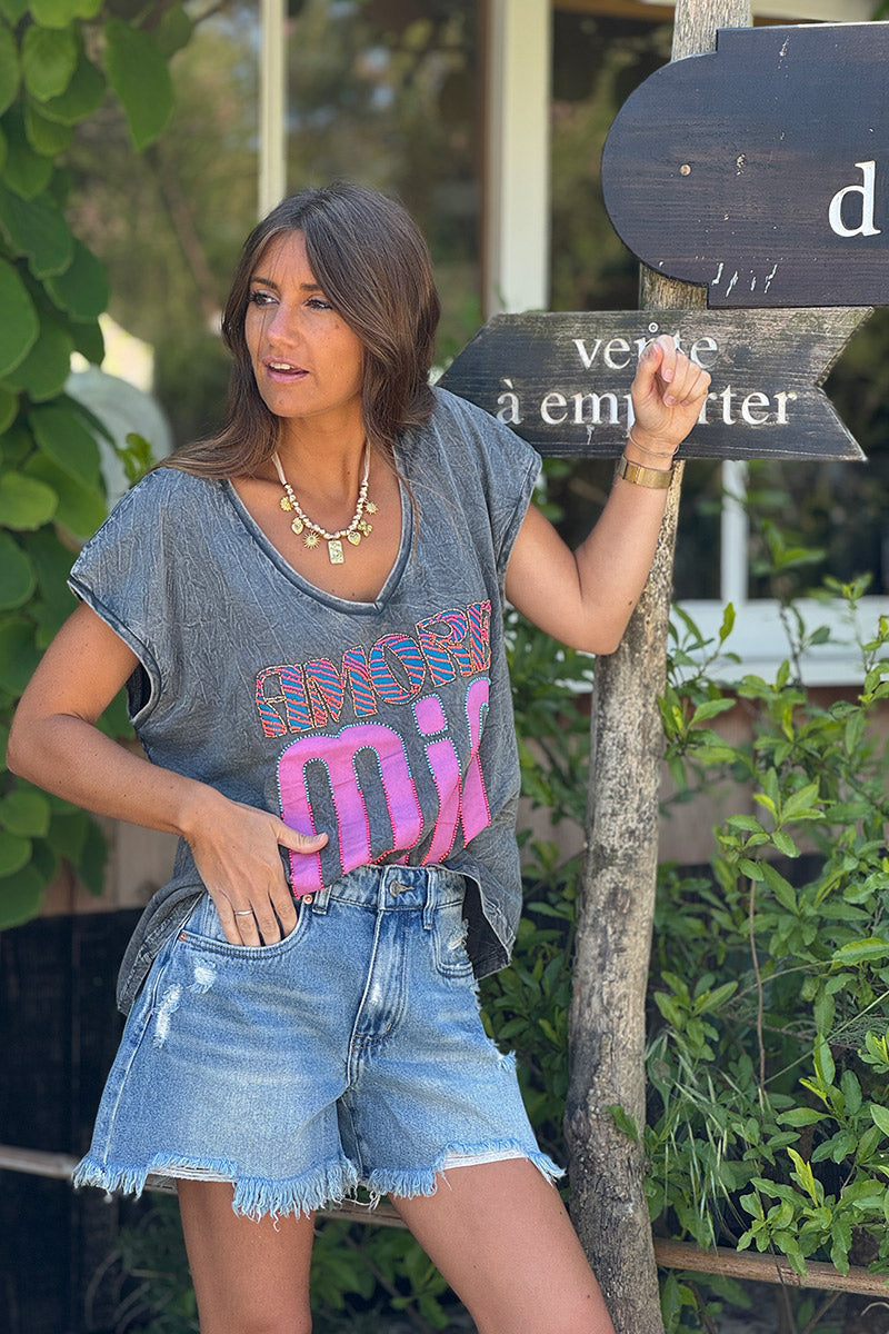 Washed Gray “Amore Mio” Slouchy V-Neck Tee