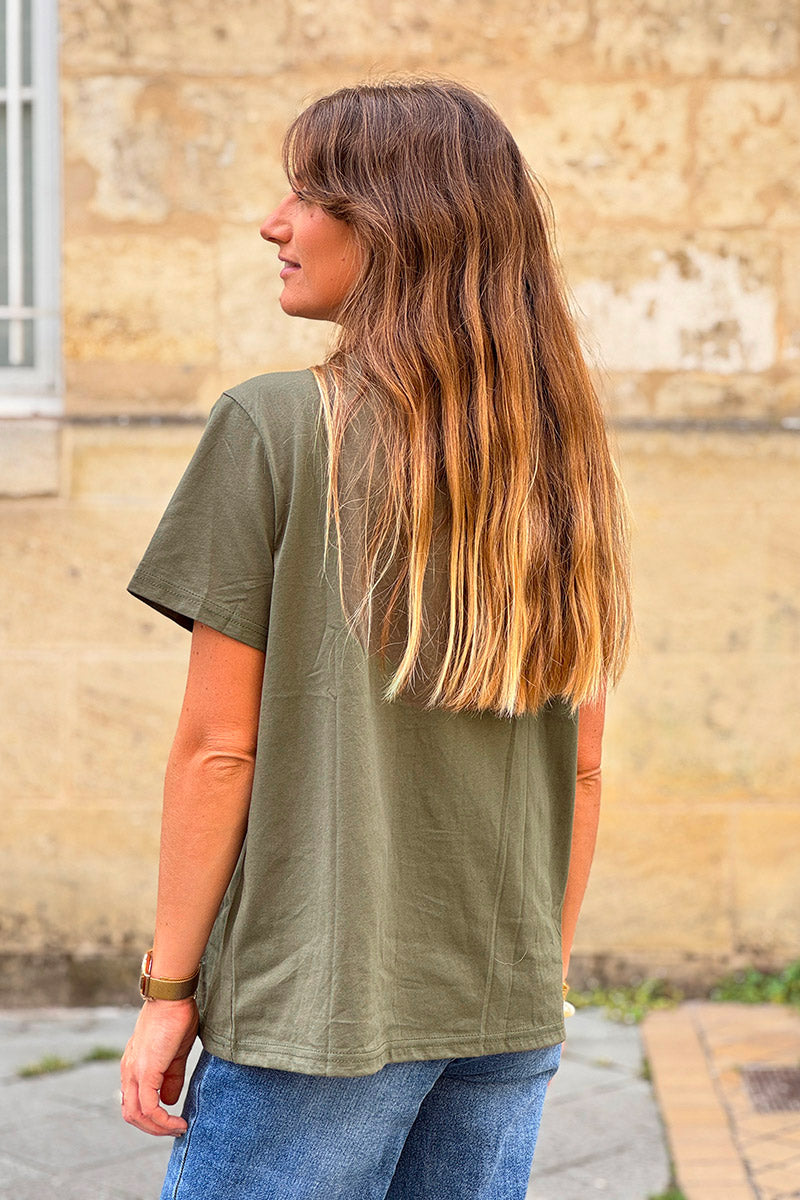 T-shirt en coton kaki broderie cœur léopard