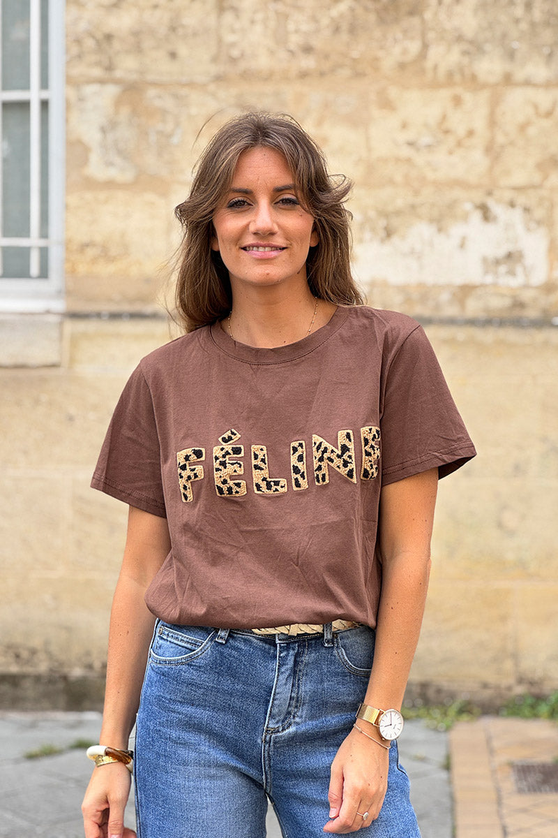 Tshirt en coton marron broderie bouclettes léopard Feline