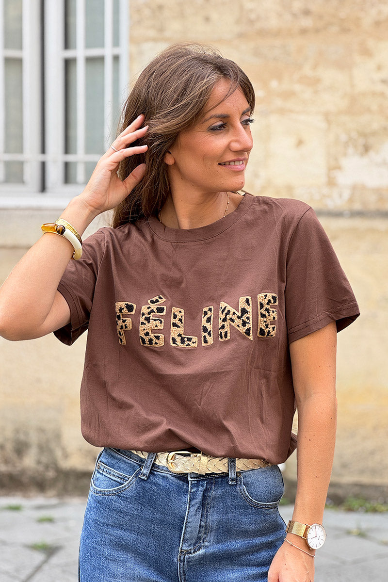 Tshirt en coton marron broderie bouclettes léopard Feline