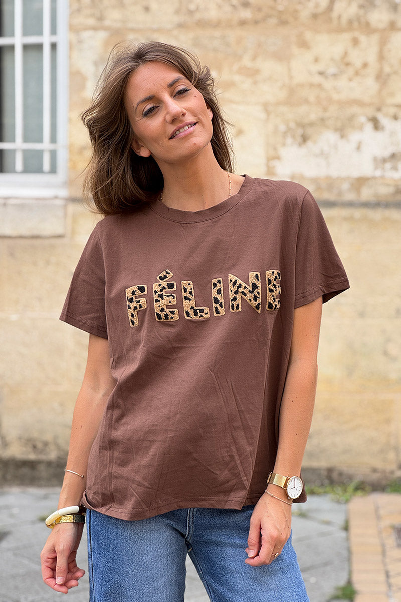 Tshirt en coton marron broderie bouclettes léopard Feline