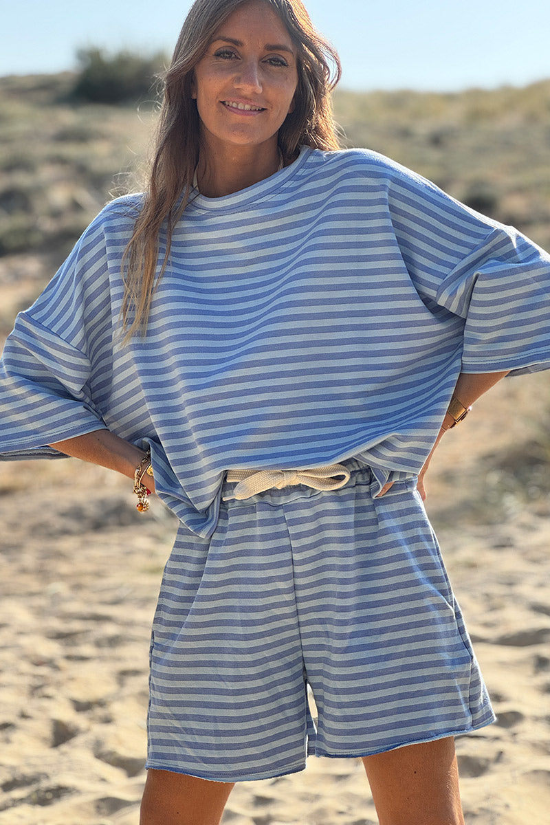 Blue Striped ¾-Sleeve Jersey Tshirt