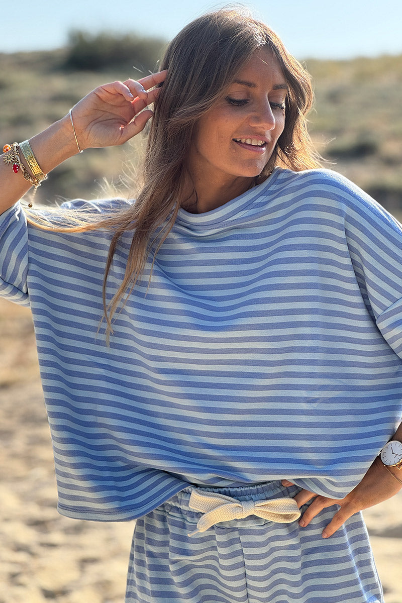 Blue Striped ¾-Sleeve Jersey Tshirt
