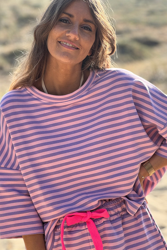 T-shirt à Rayures Roses Pour Fille 8-9 Ans - Viscose, Col Rond, Manches Longues, Occasion Très Bon état