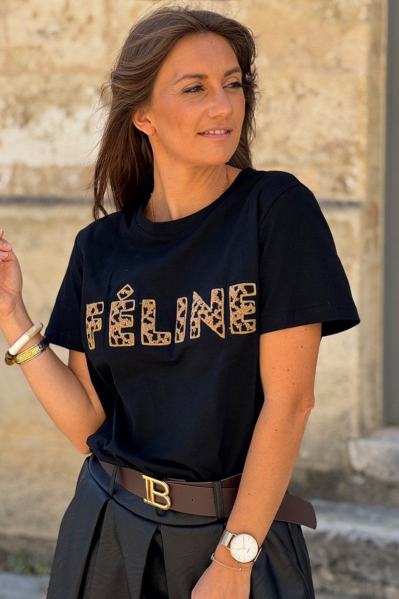 Tshirt en coton noir broderie bouclettes léopard Feline