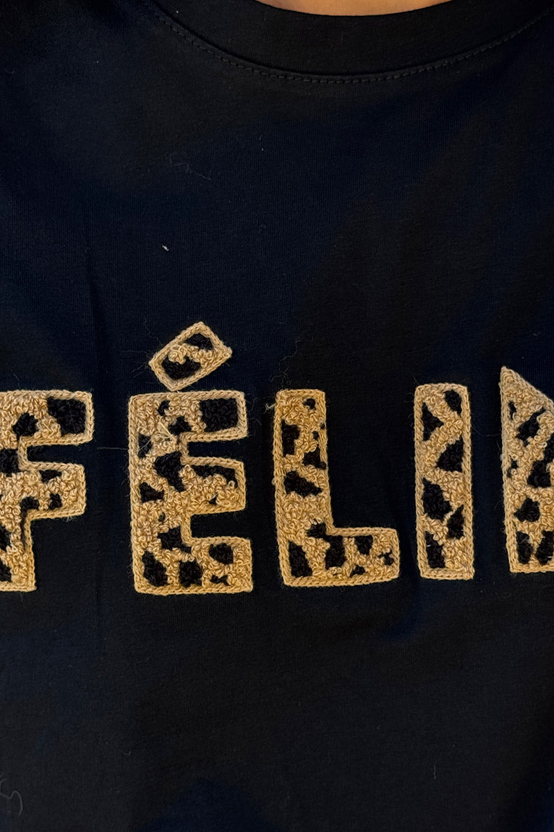 Tshirt en coton noir broderie bouclettes léopard Feline