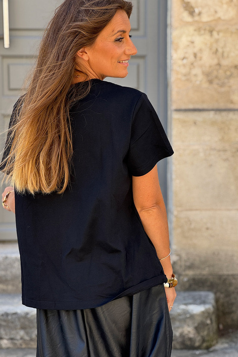 Tshirt en coton noir broderie bouclettes léopard Feline