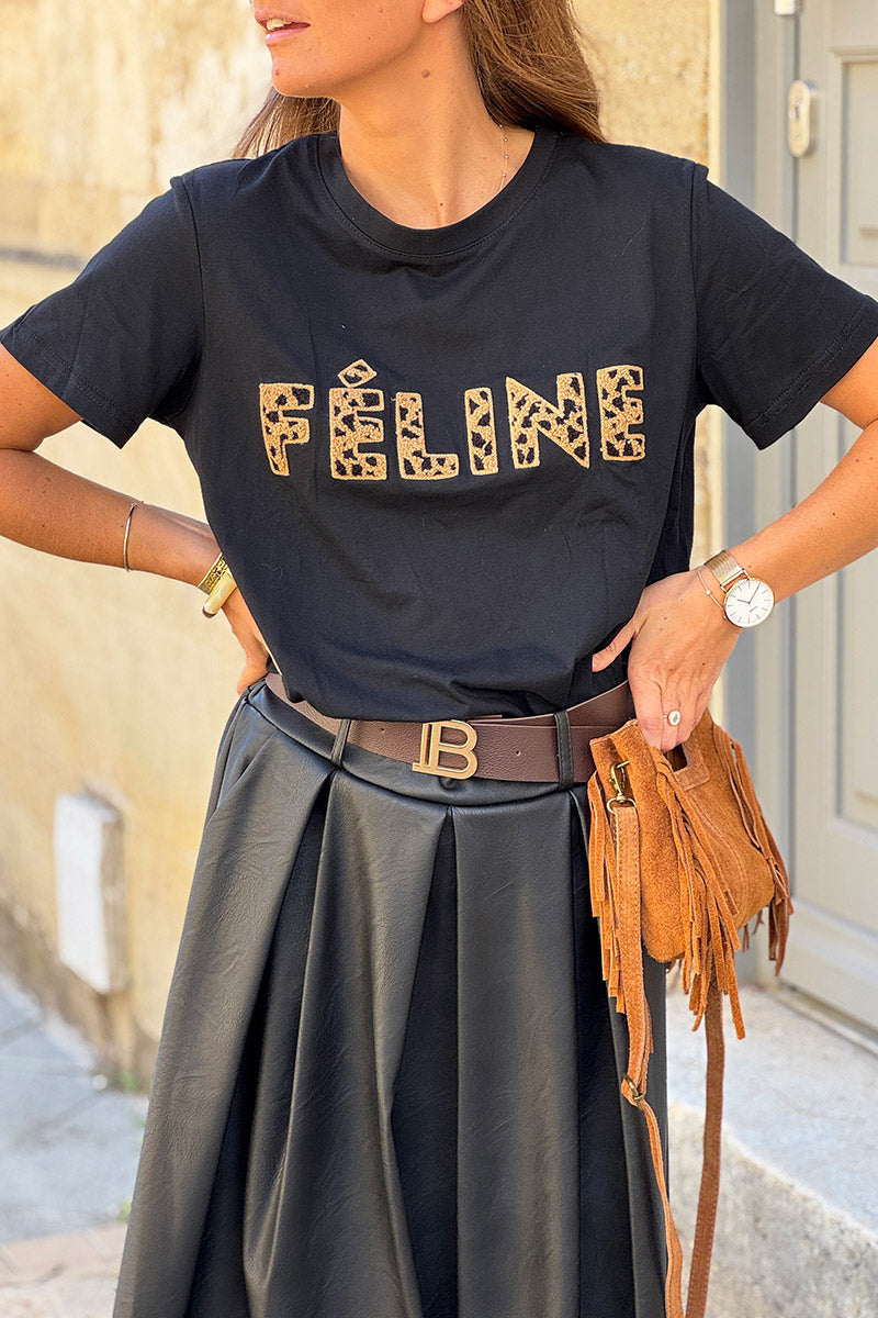 Tshirt en coton noir broderie bouclettes léopard Feline