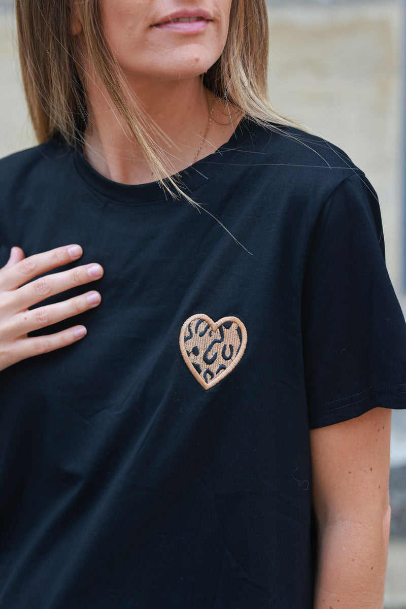 Black cotton t-shirt with Leopard heart embroidery