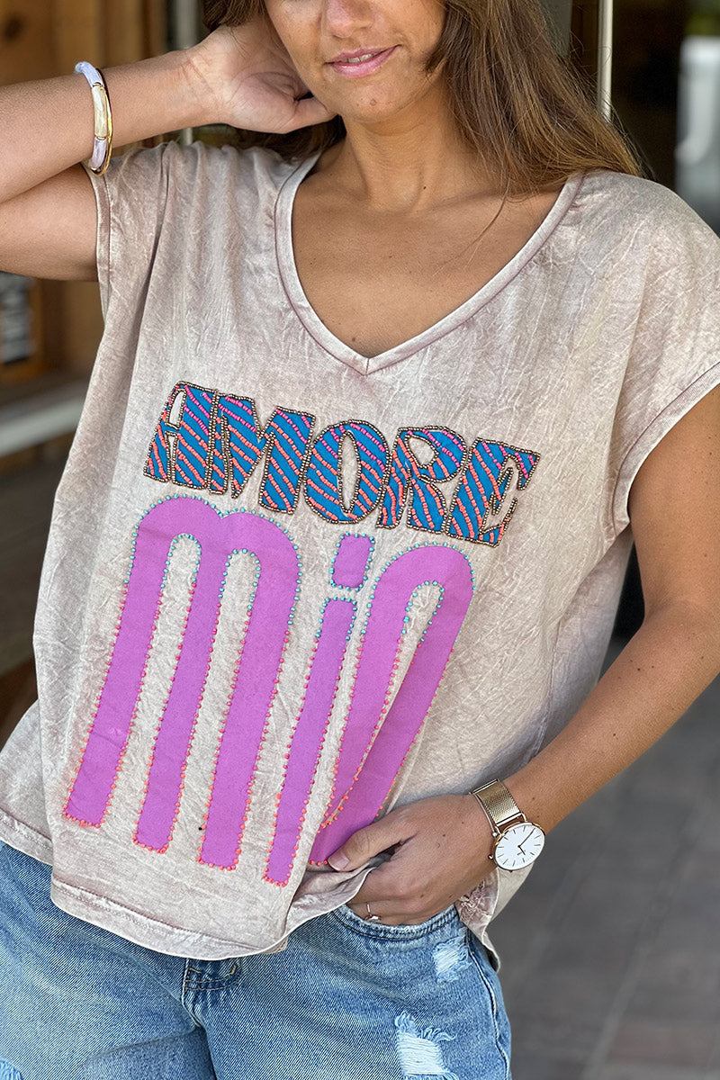 Washed Taupe “Amore Mio” Slouchy V-Neck Tee