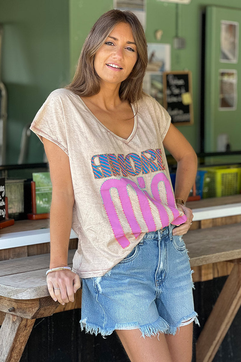 Washed Taupe “Amore Mio” Slouchy V-Neck Tee