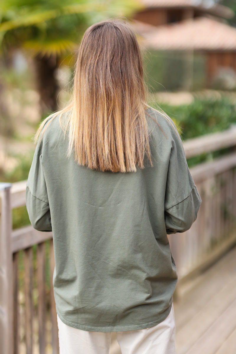 Khaki thick jersey long sleeve top gold rock and roll logo