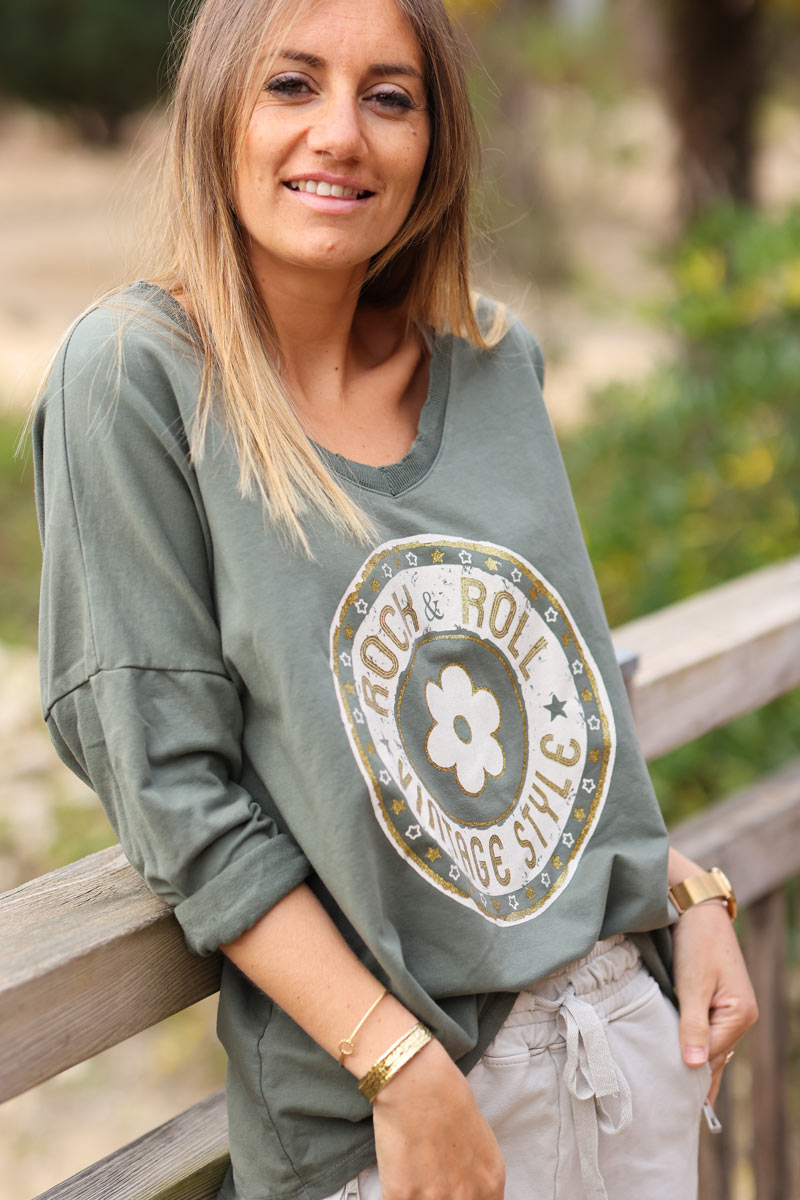 Khaki thick jersey long sleeve top gold rock and roll logo