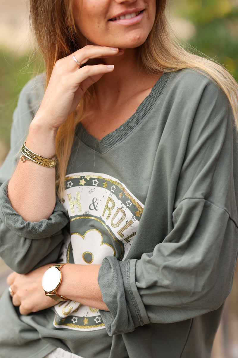 Khaki thick jersey long sleeve top gold rock and roll logo